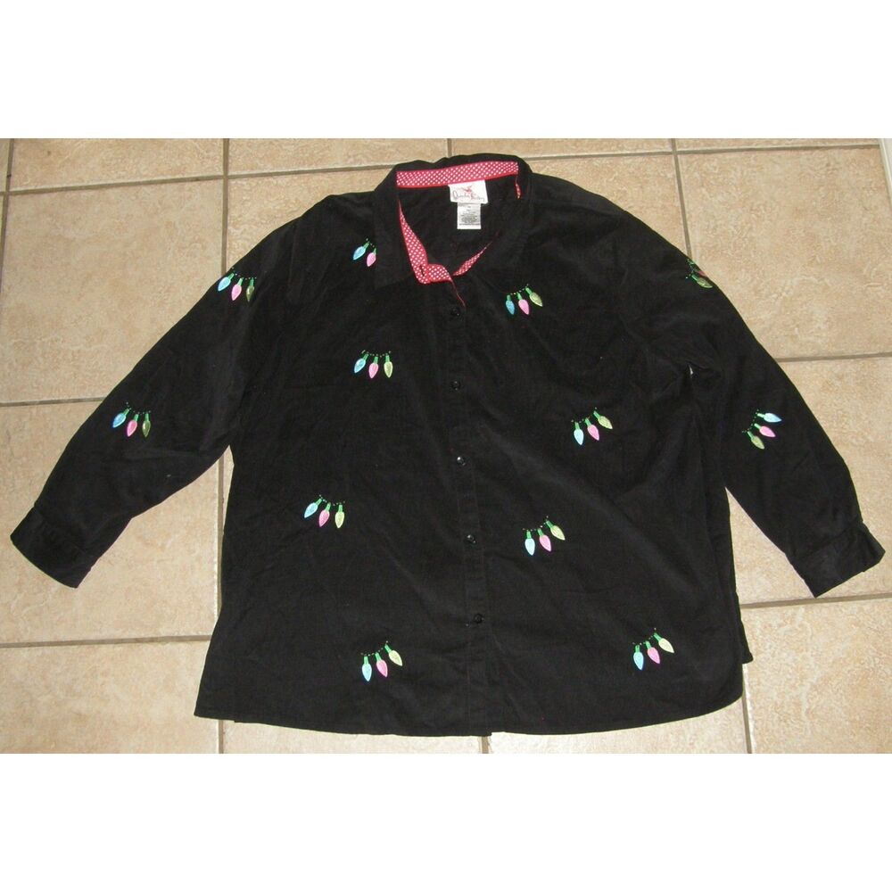 QUACKER FACTORY Embroidered Christmas Lights Plus Sz 3X Corduroy Button Up Shirt